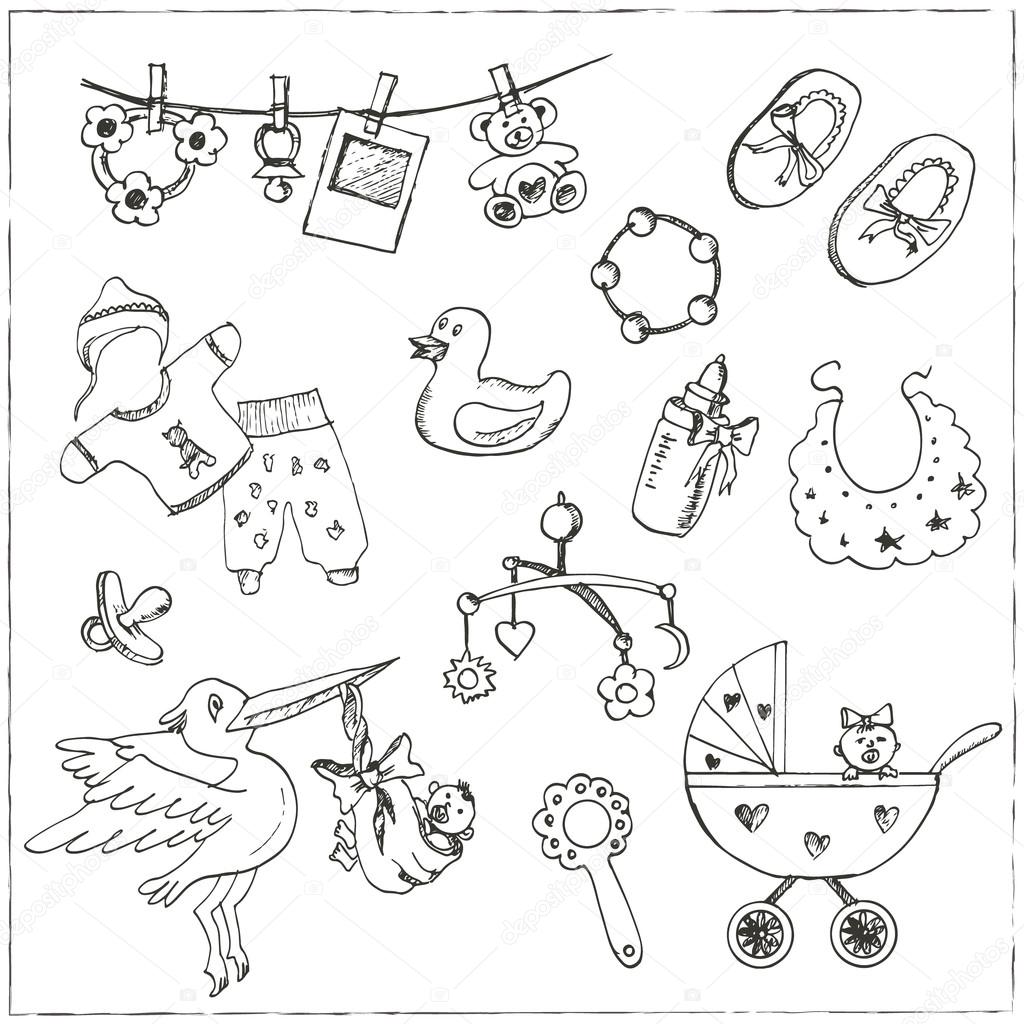 1024x1024 Set Of Baby Born Drawings. Sketches. Hand Drawing. Stock Vector