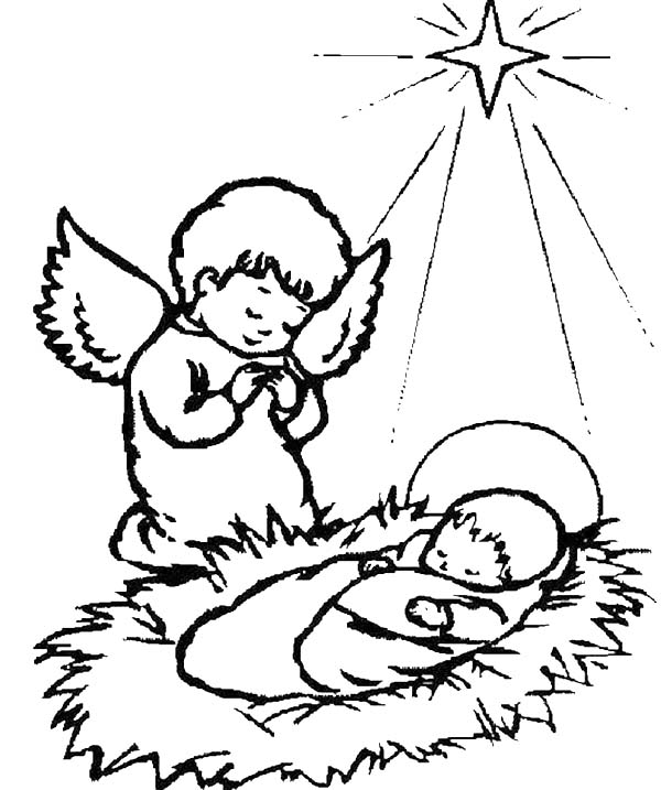 600x717 A Little Angel Praying For Baby Jesus Coloring Page