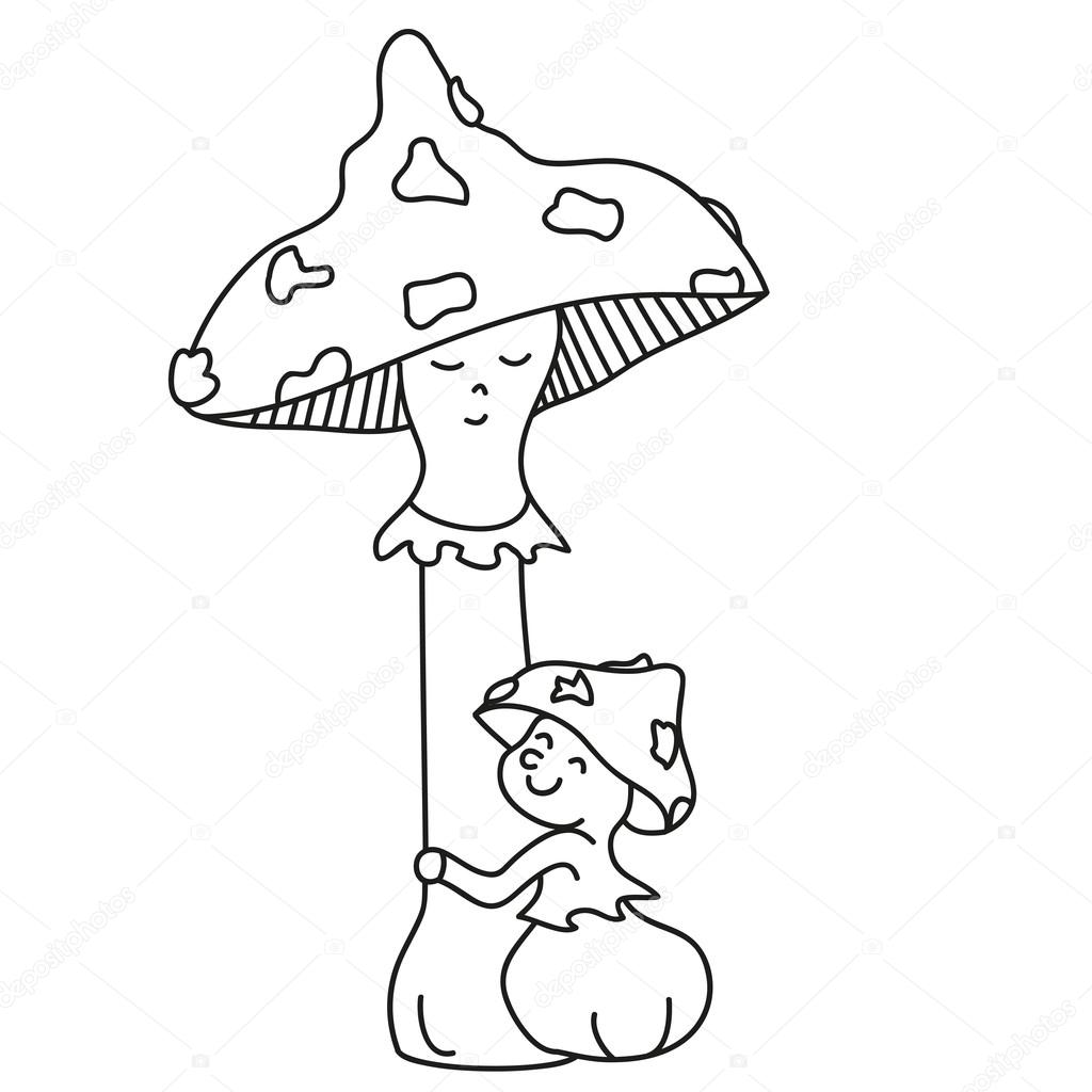 1024x1024 Toadstool Mom And Her Baby In Bracken Hand Drawn Outline Stock