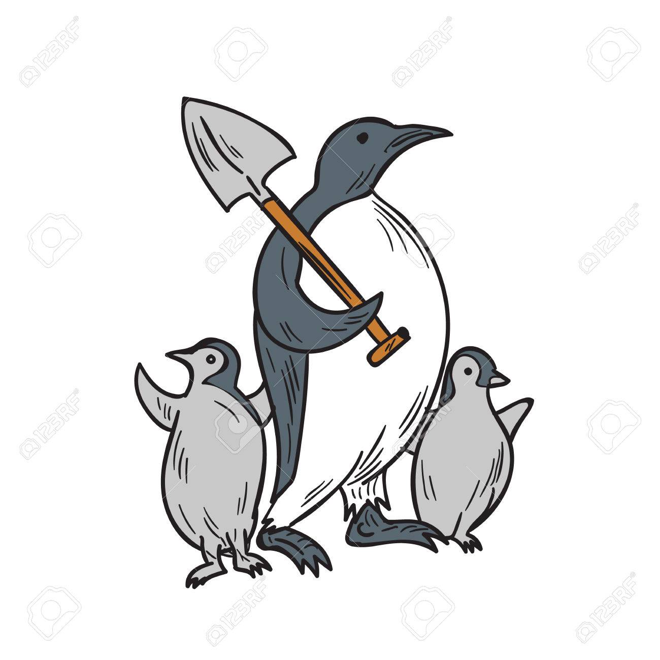 1300x1300 Drawing Sketch Style Illustration Of A Penguin Holding Shovel