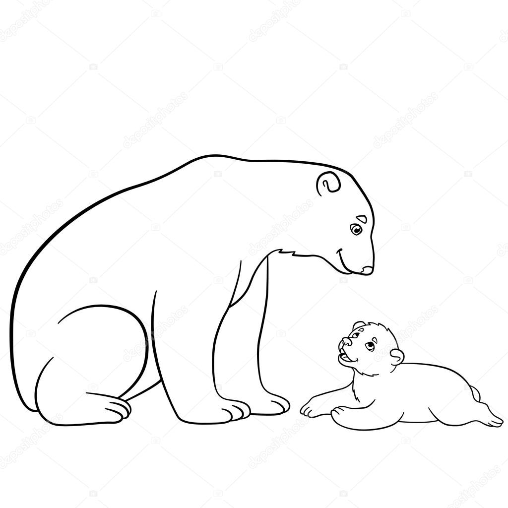 1024x1024 Coloring Pages. Mother Polar Bear With Her Baby. Stock Vector