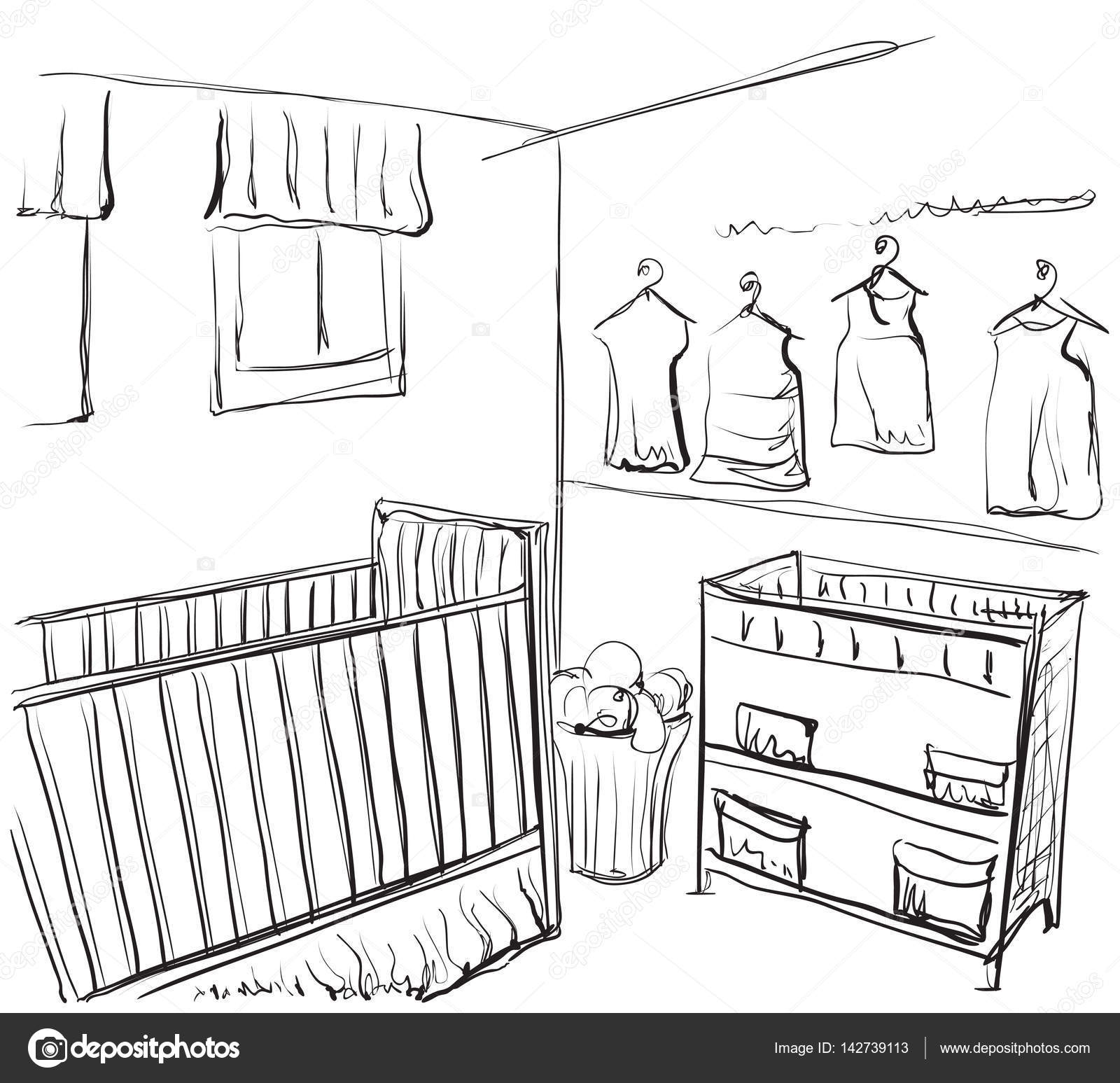 1600x1547 Drawn Children Room. Furniture Sketch. Baby Bed Stock Vector