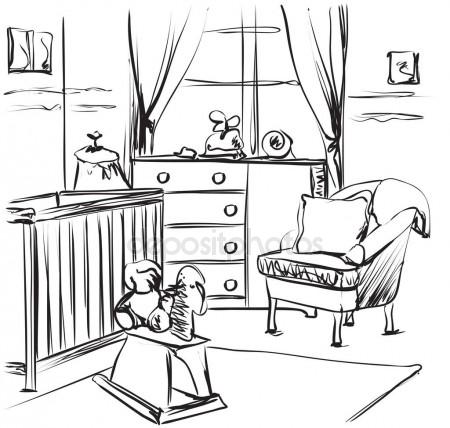 450x428 Hand Drawn Children Room. Baby Bed Sketching Stock Vector