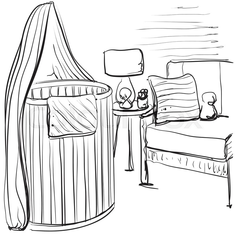 800x800 Hand Drawn Children Room. Furniture Sketch. Baby Bed Stock