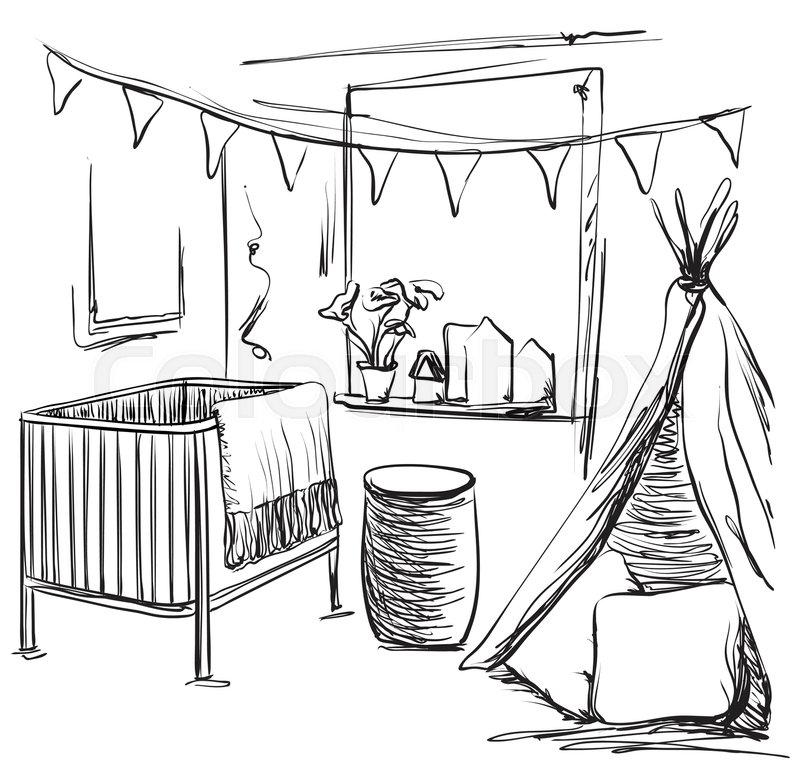 800x761 Hand Drawn Children Room. Furniture Sketch. Baby Bed And Tent
