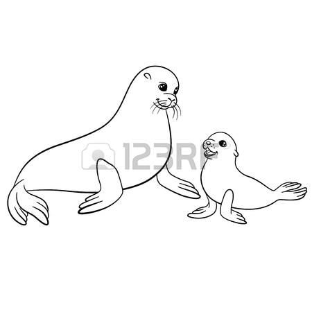 450x450 Coloring Pages. Mother Fur Seal With Her Little Cute Baby Seal