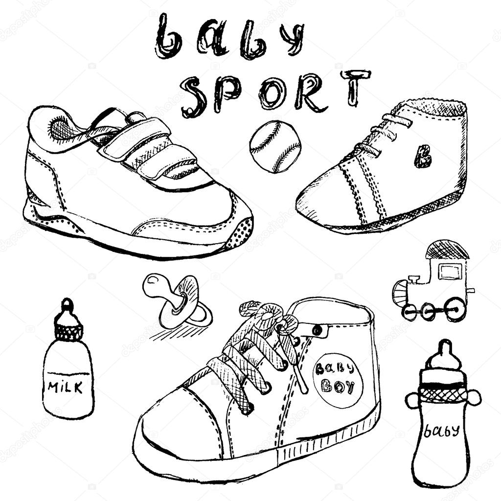 1024x1024 Baby Shoes Set Sketch Handdrawn Isolated On White Stock Vector