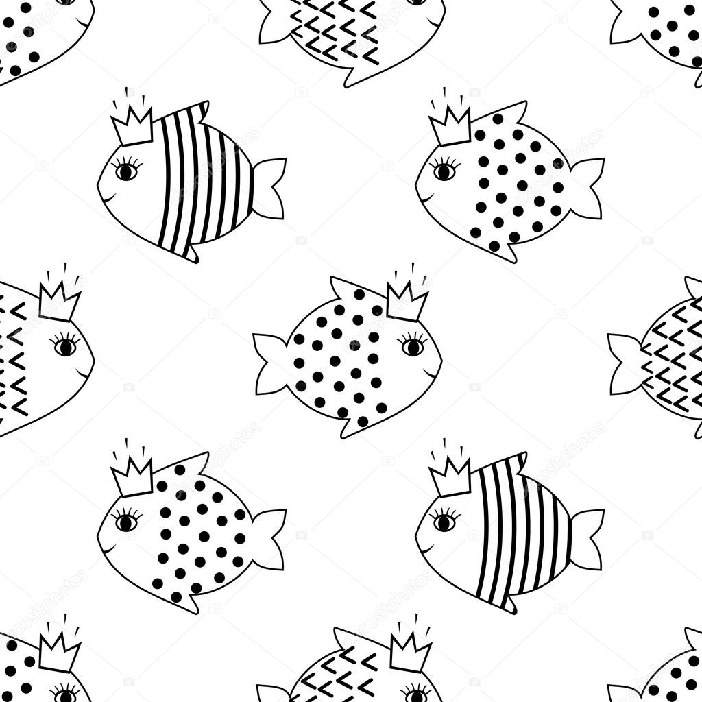 1024x1024 Cute Baby Shower Vector Background With Fish. Black And White