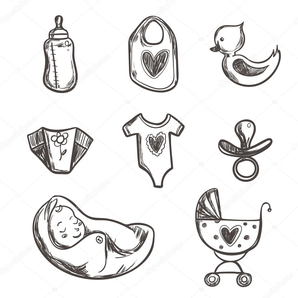 1024x1024 Set Of Baby Shower Icons, With Diaper, Crawler, Sleeping, Bag