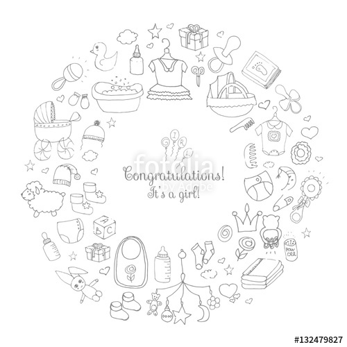500x500 Set Of Hand Drawn Cute Baby Shower Icons. Kids Care Elements