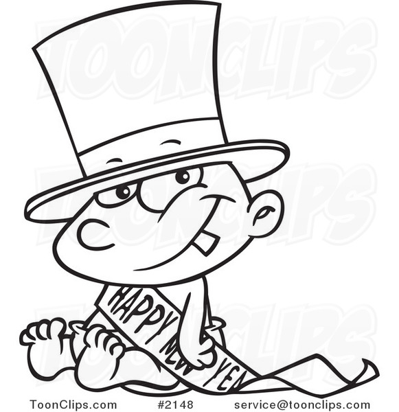 581x600 Cartoon Black And White Line Drawing Of A New Years Baby Sitting