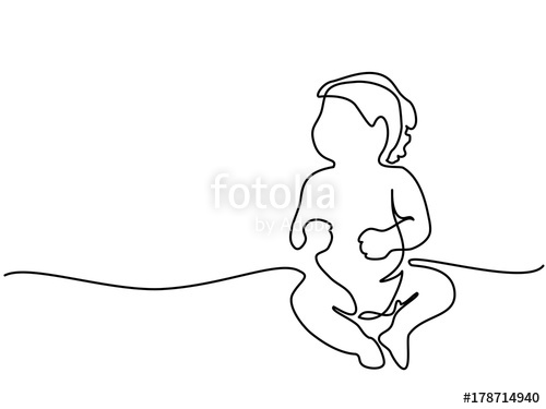 500x375 Continuous Line Drawing. Cute Baby Sitting On The White Background