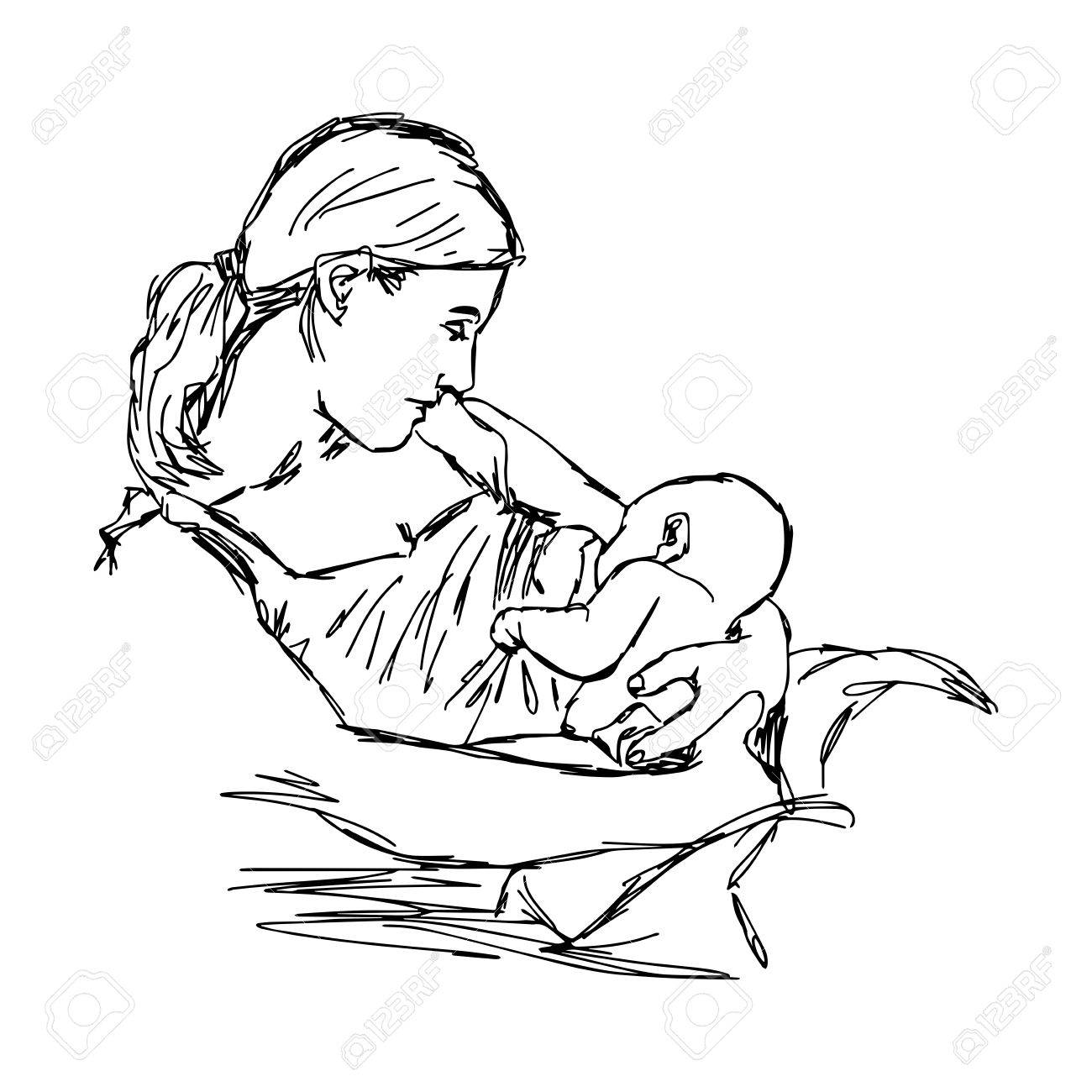 1300x1300 Illustration Doodle Of Sketch Mother Is Breast Feeding For Her