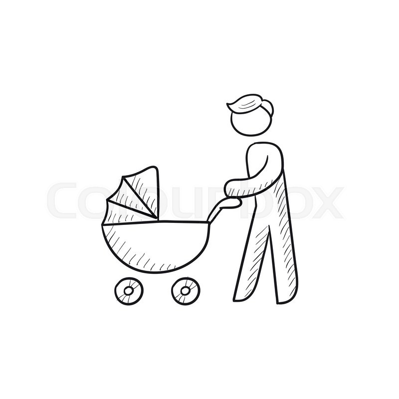 800x800 Man Walking With Baby Stroller Vector Sketch Icon Isolated