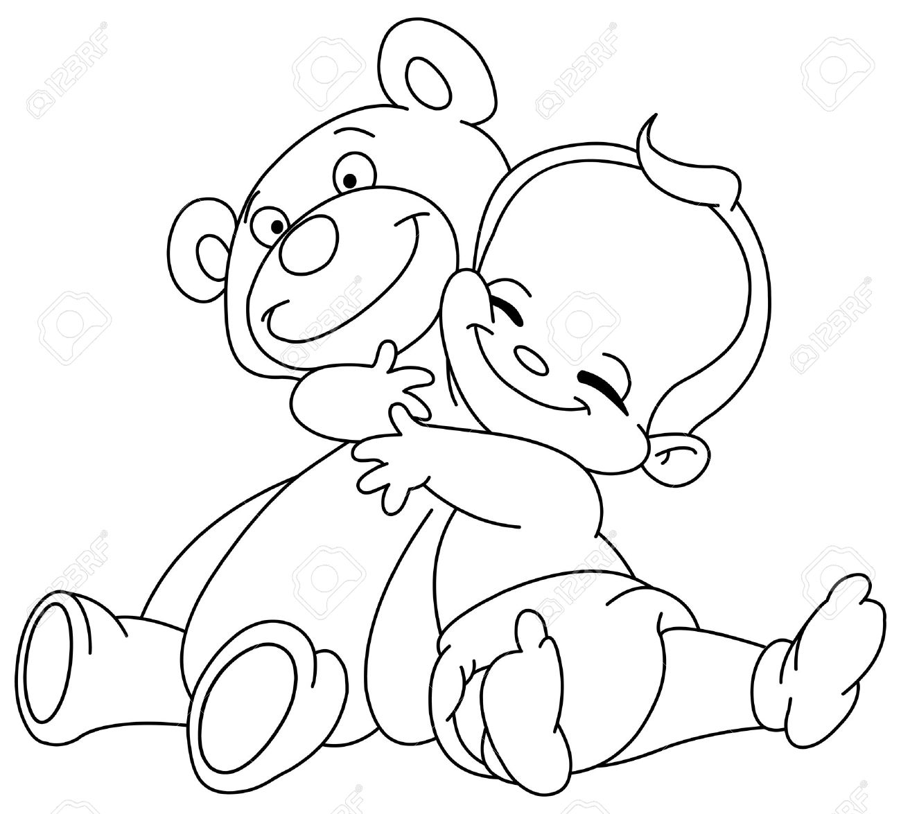 1300x1175 Outlined Cheerful Baby Hugging His Teddy Bear Royalty Free