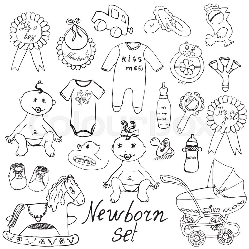 800x800 Baby Icons, Toys, Clothes And Cradle, Hand Drawn Sketch Vector