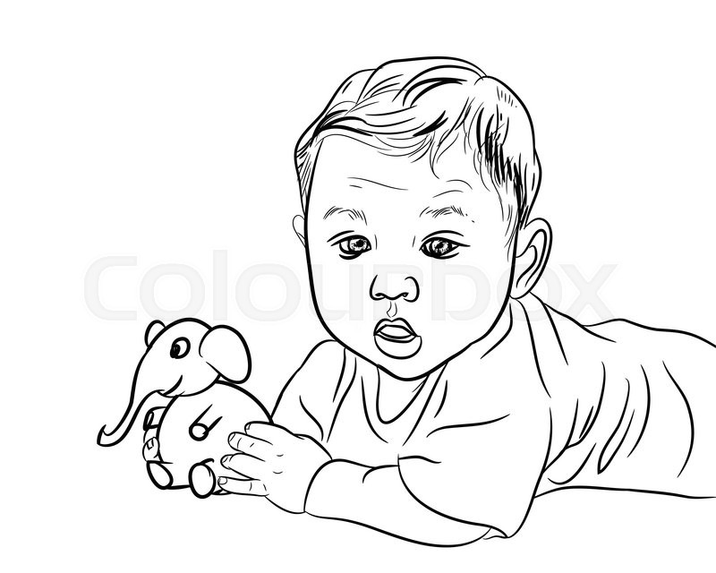 800x640 Drawing Of Male Baby Playing Elephant Toy On White Stock Vector