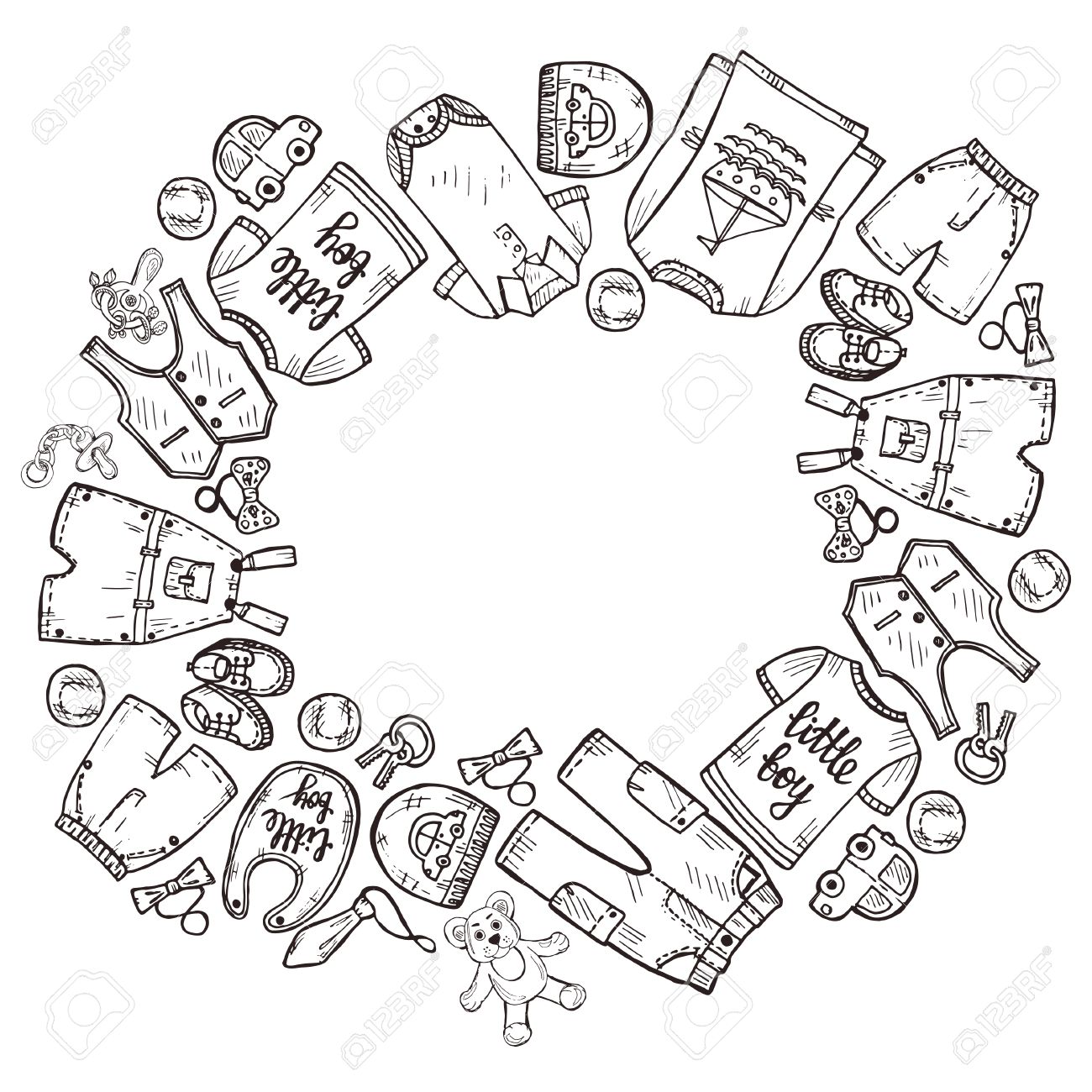 1300x1300 Frame With Hand Drawn Clothes For Baby Boy Including Shirt, Tie