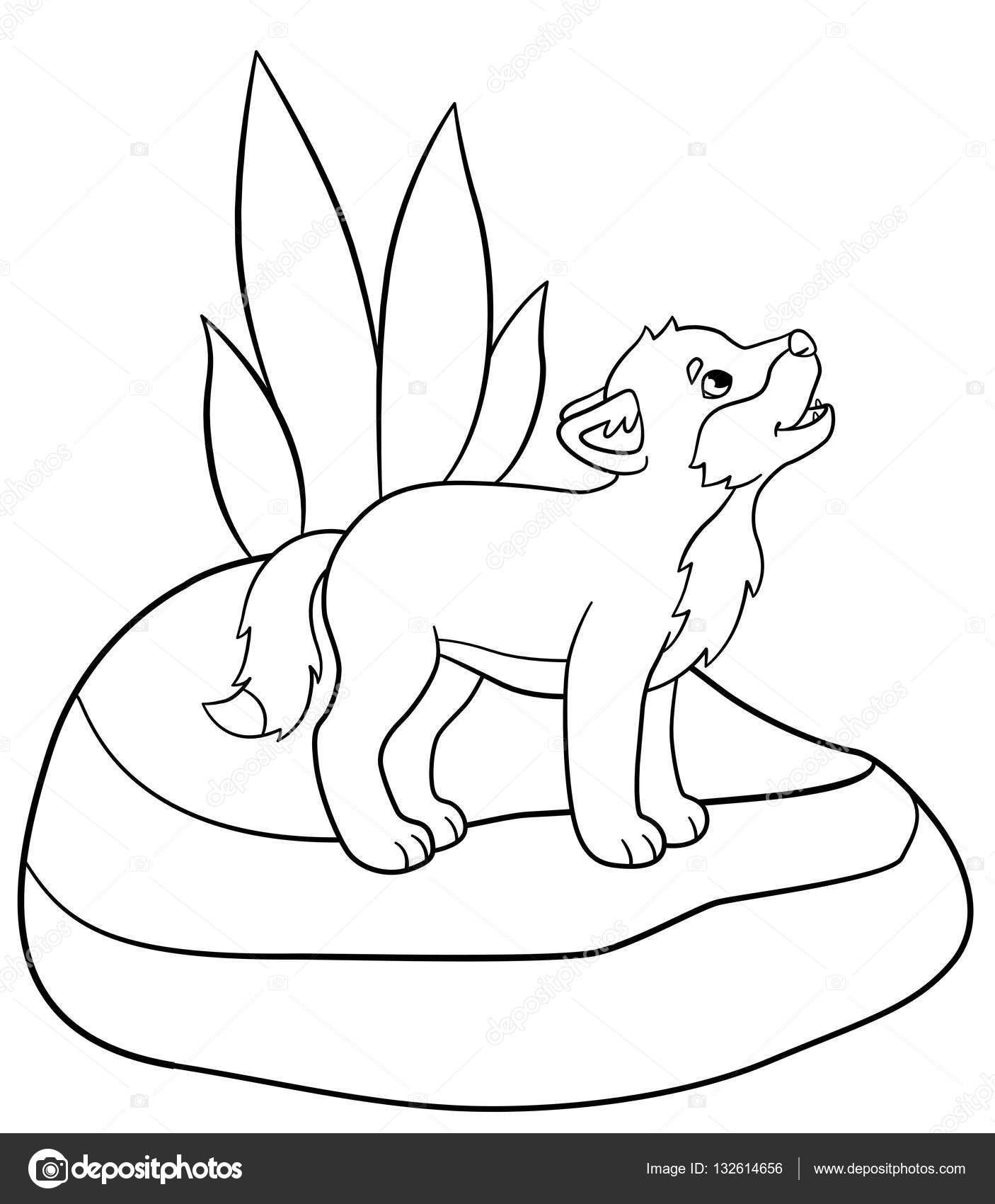 1406x1700 Coloring Pages. Little Cute Baby Wolf Stands And Howls. Stock