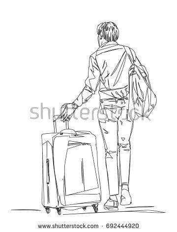 360x470 Man Traveler Walking With Suitcase View From Back Silhouette Made
