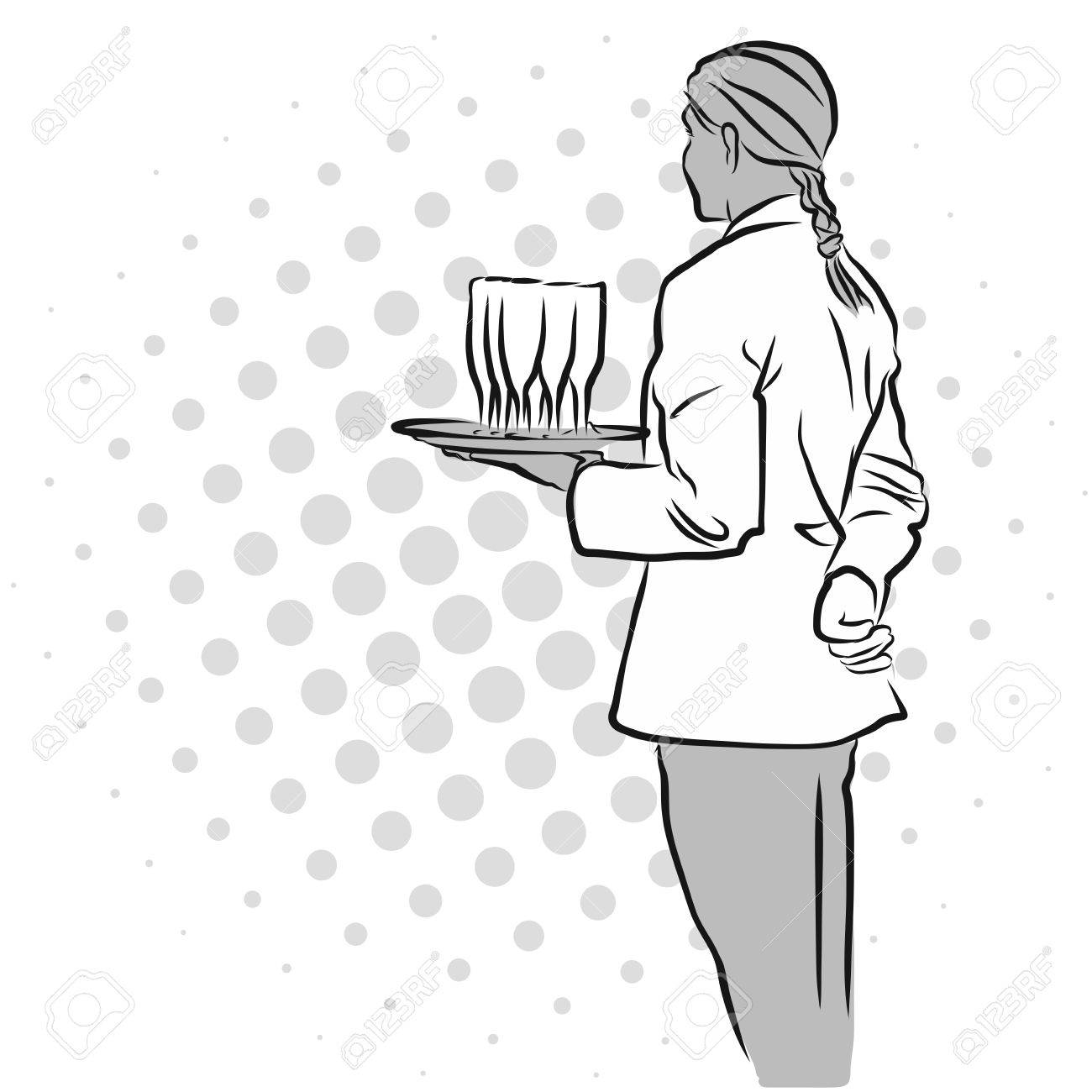 1300x1300 Steward From Back Holding Table With Champagne Glasses Hand Drawn