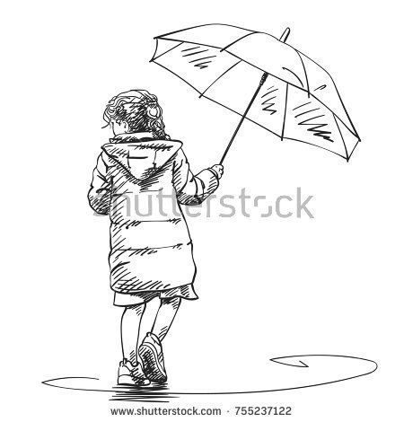 450x470 Vector Sketch Of Little Girl Walking Under Umbrella In Rain