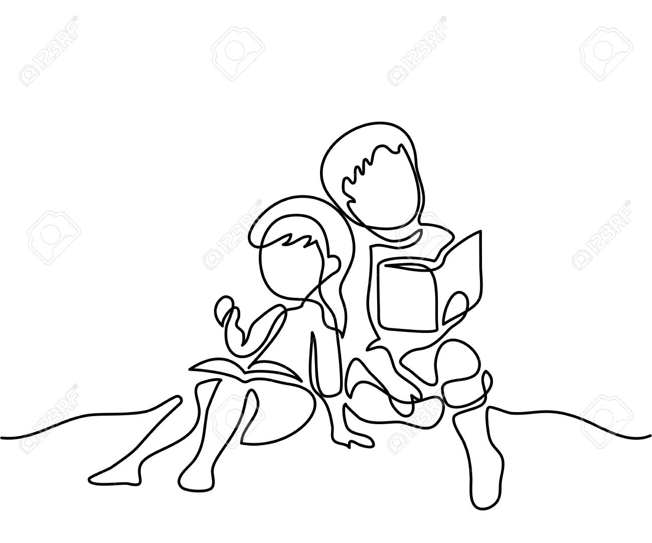 1300x1083 Kids Reading Books. Back To School Concept. Continuous Line