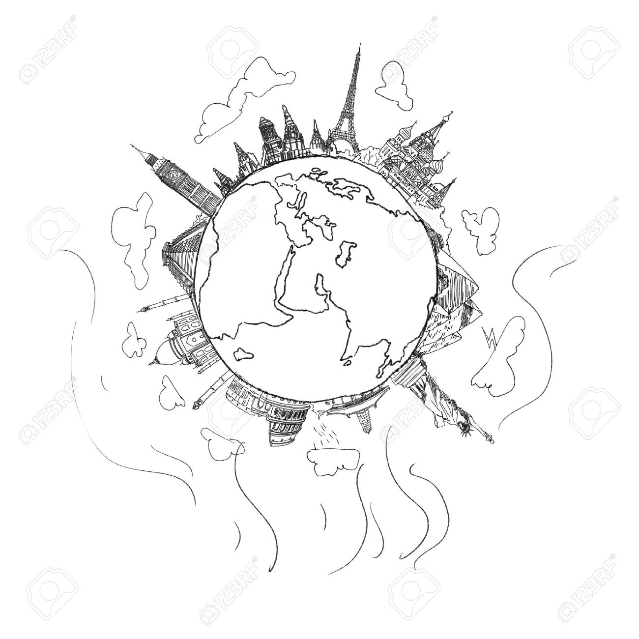 1300x1300 Background Sketch Image With Drawings Travel Concept Stock Photo