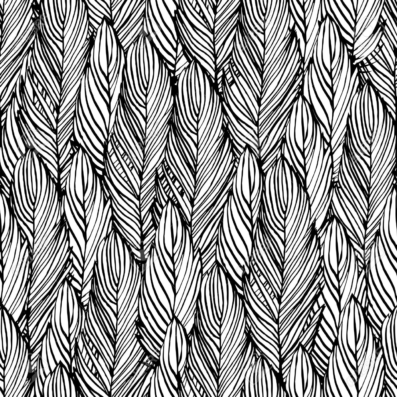 1300x1300 Outline Hand Draw Feather Seamless Pattern, Black And White