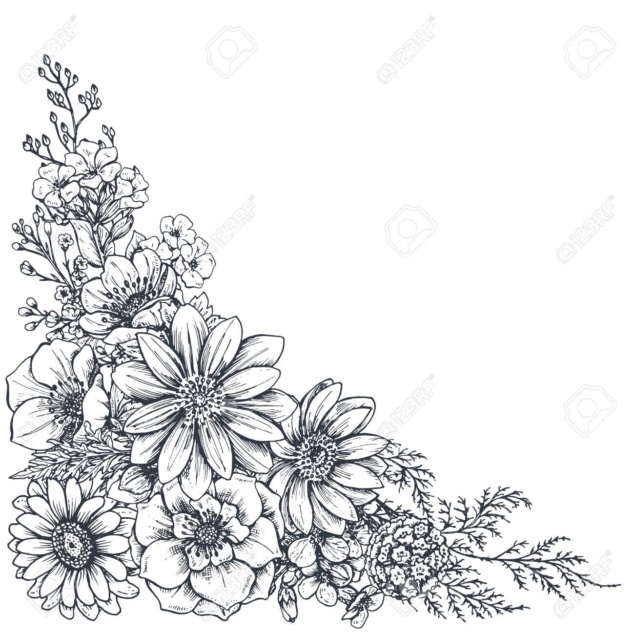 1299x1300 Floral Backgrounds With Hand Drawn Flowers And Plants. Monochrome