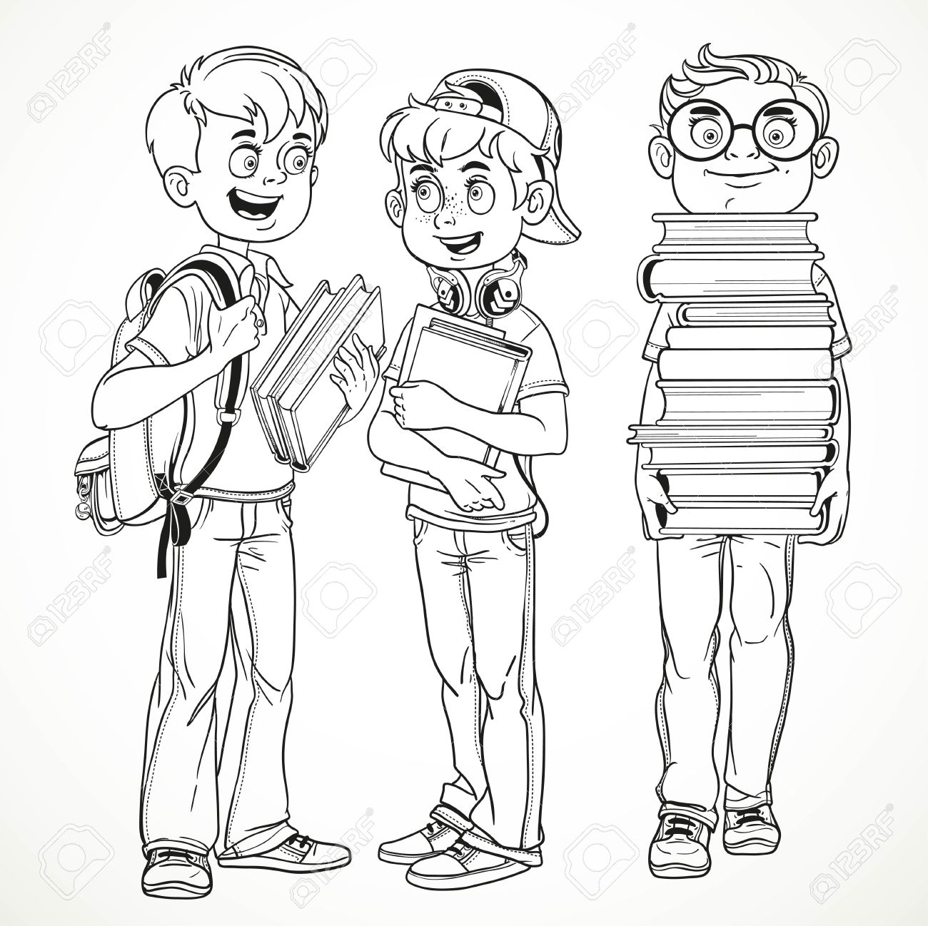 1300x1298 Schoolboys With Textbooks And Backpacks Talk Line Drawing Isolated