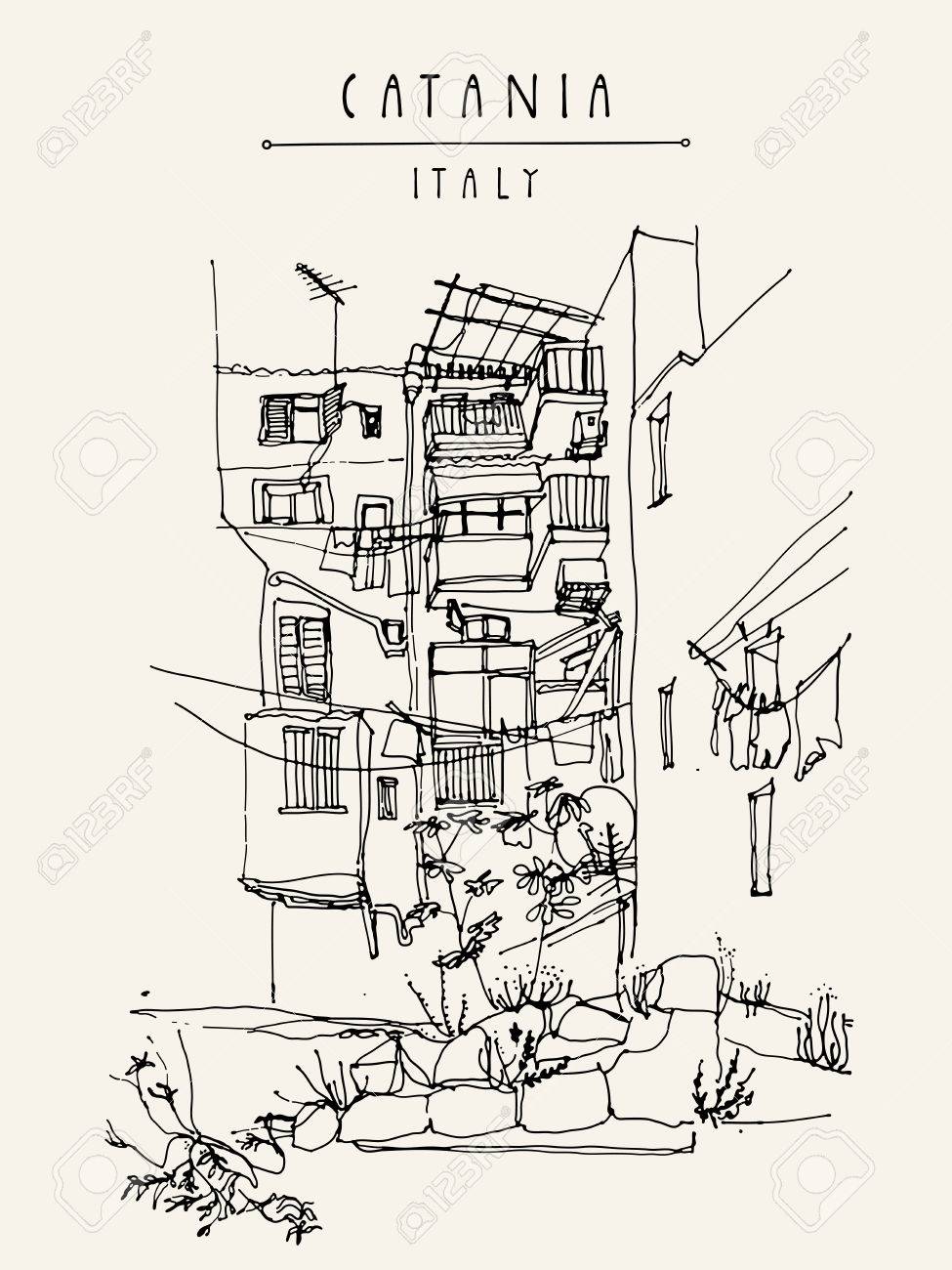 975x1300 Catania, Sicily, Italy. Illustration Of A Backyard With Windows