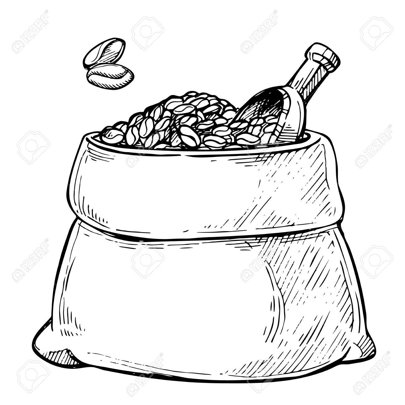 1300x1300 Roasted Coffee Beans Bag Freehand Pencil Drawing Isolated