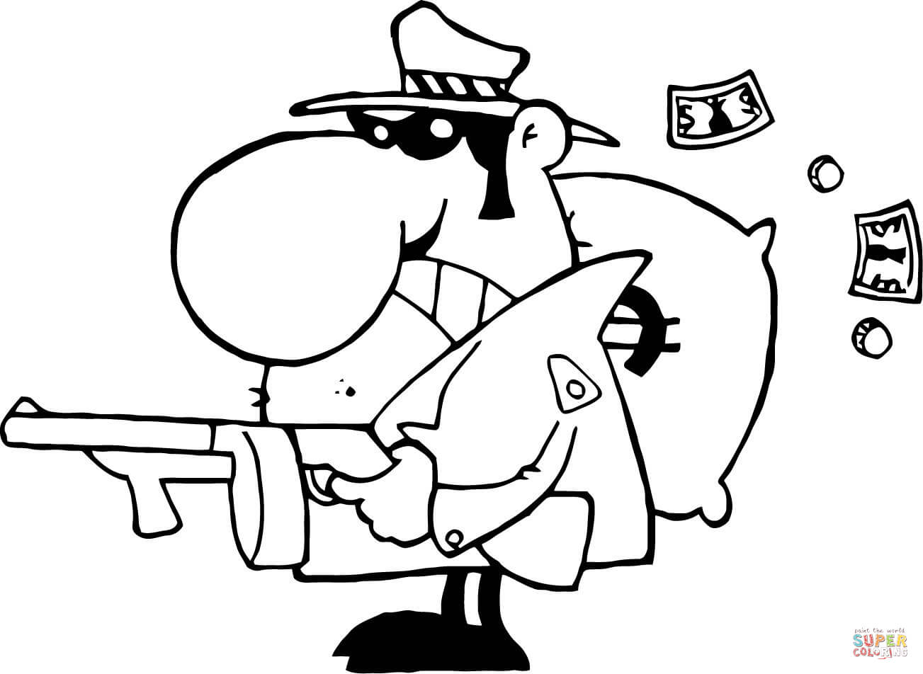 1303x952 Gangster With His Gun And Bag Of Money Coloring Page Free