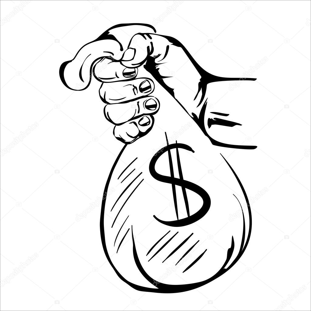 1024x1024 Hand Holding Money Bag Sketch Cartoon Vector Illustration Stock