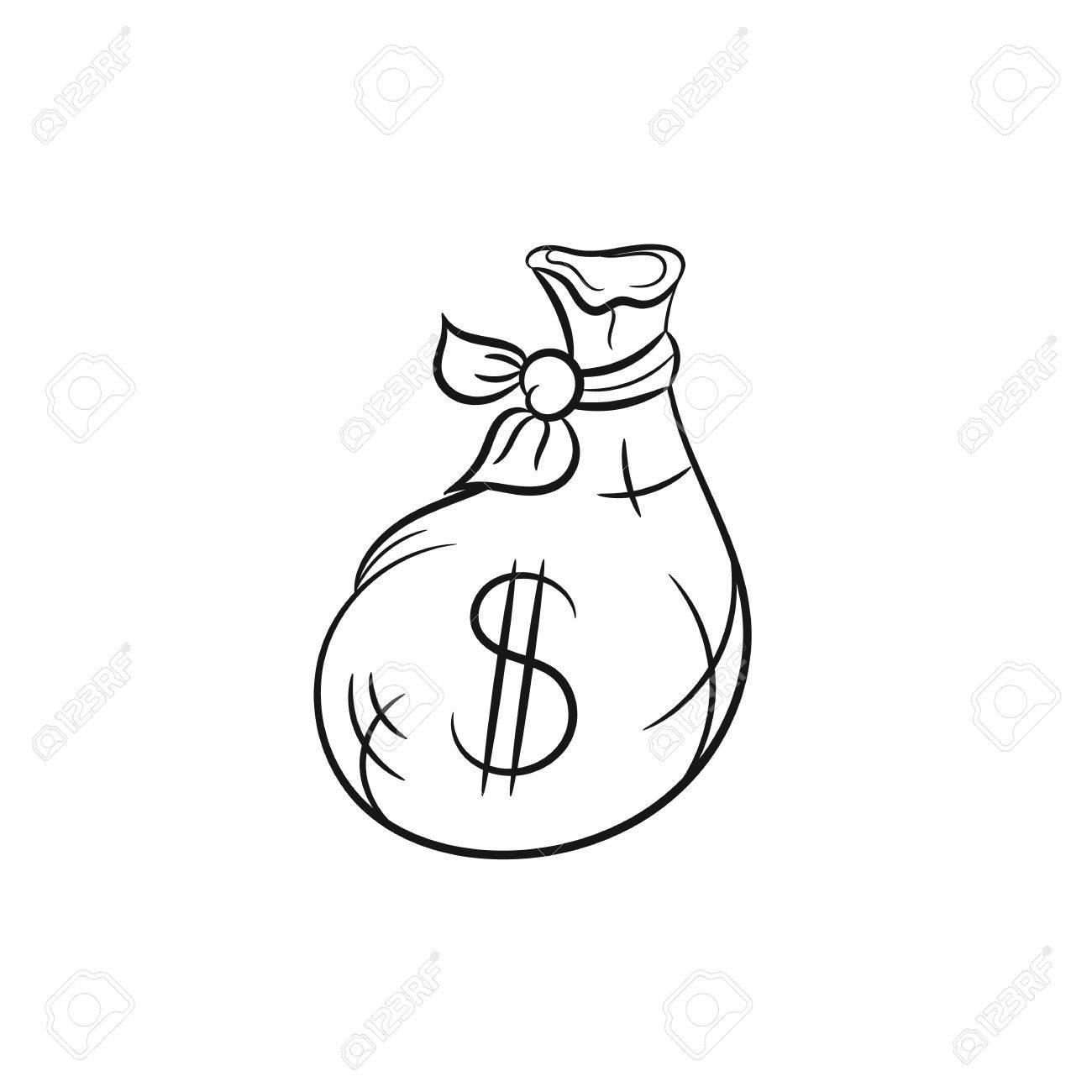1300x1300 Bag With Money. Bag Icon. Hand Draw Illustration On White