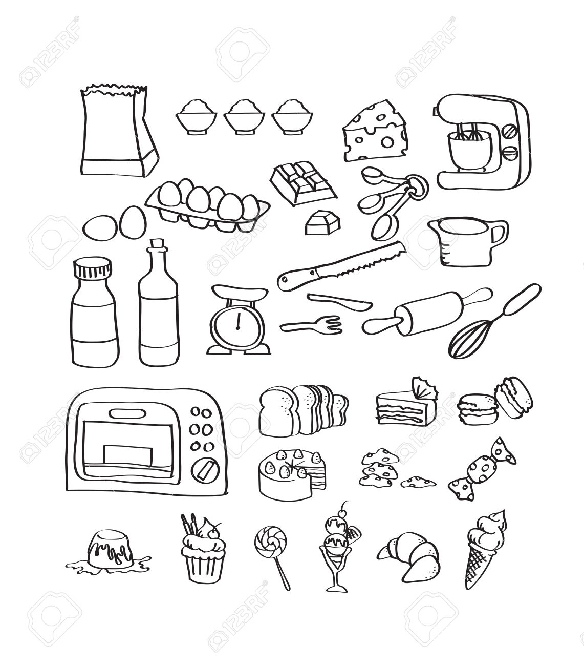 1141x1300 Mix Hand Draw Set Of Bakery Equipment And Dessert Icon Royalty