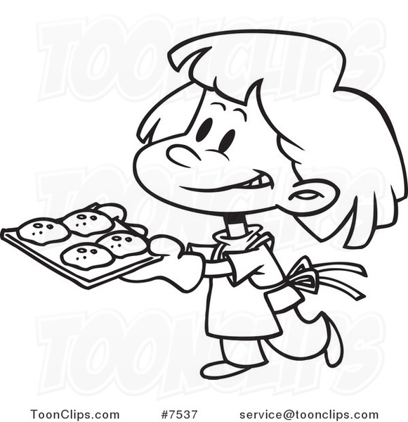 581x600 Cartoon Black And White Line Drawing Of A Girl Baking Cookies
