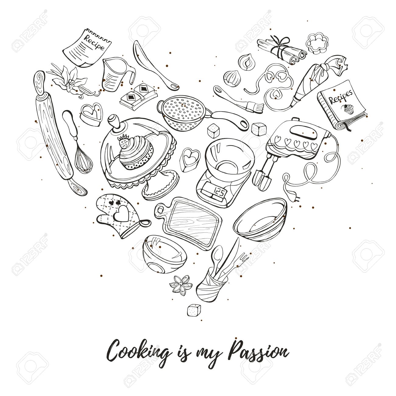 1300x1300 Cooking Is My Passion. Baking Tools In Heart Shape. Recipe Book