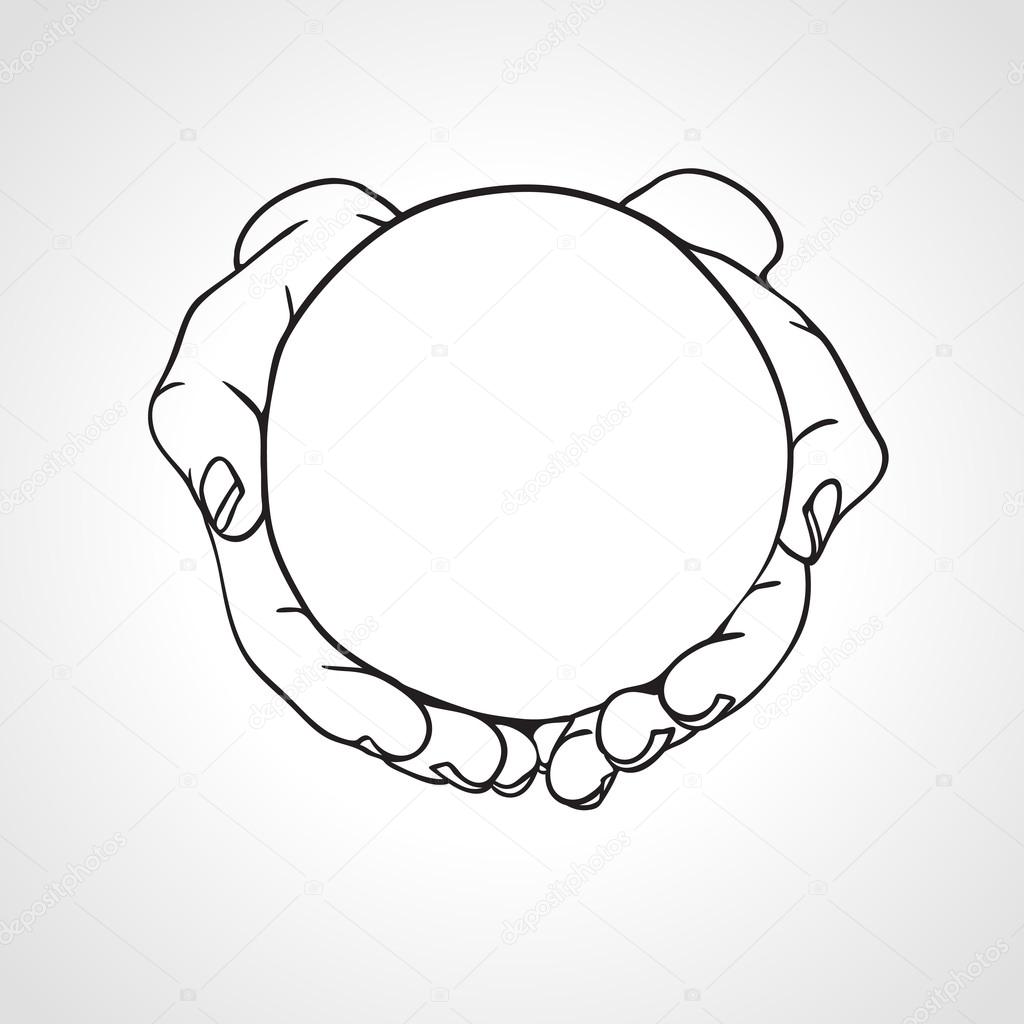 1024x1024 Closeup Of Cupped Hands Holding A Round Object. Hand Drawn Vector