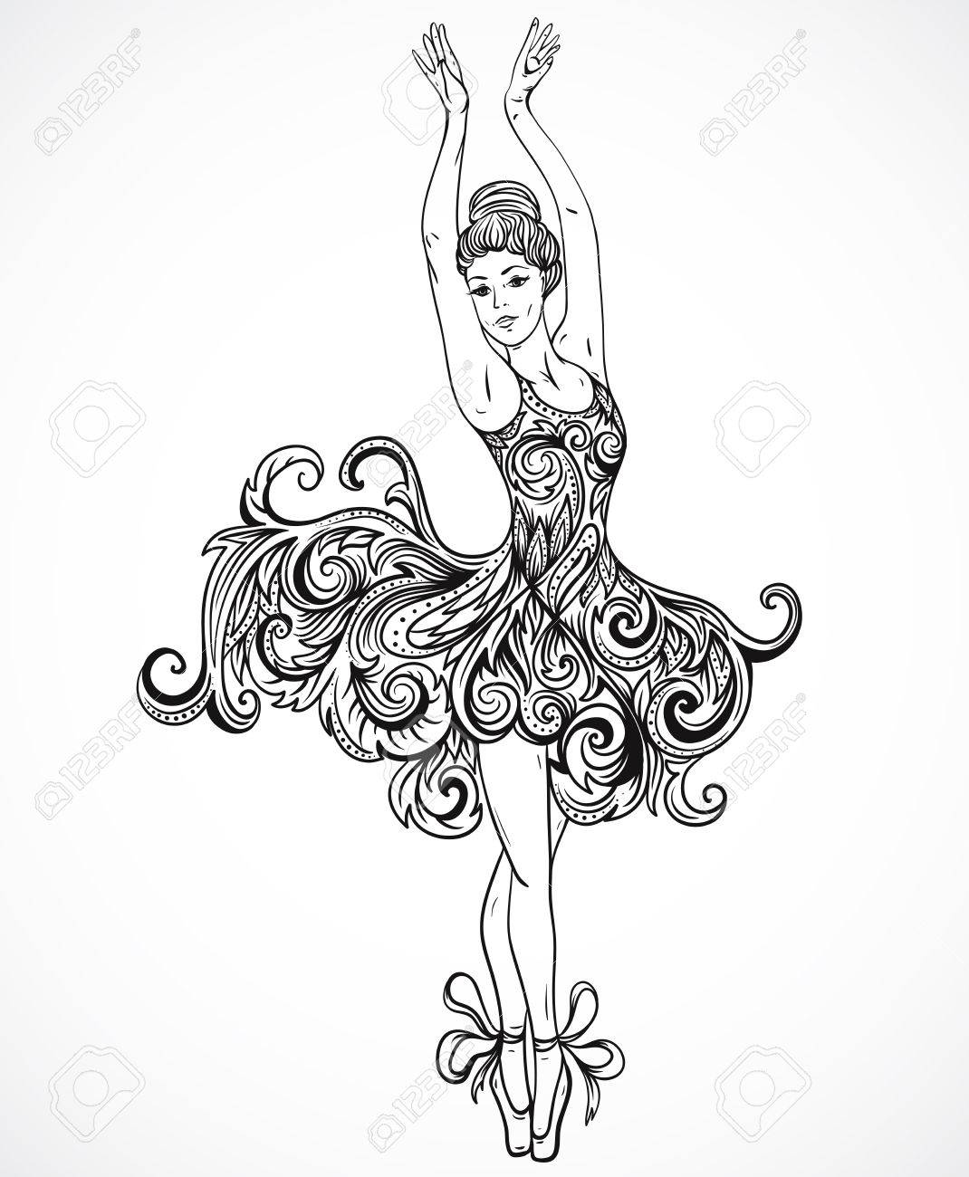 1070x1300 Ballerina With Floral Ornament Dress. Vintage Black And White