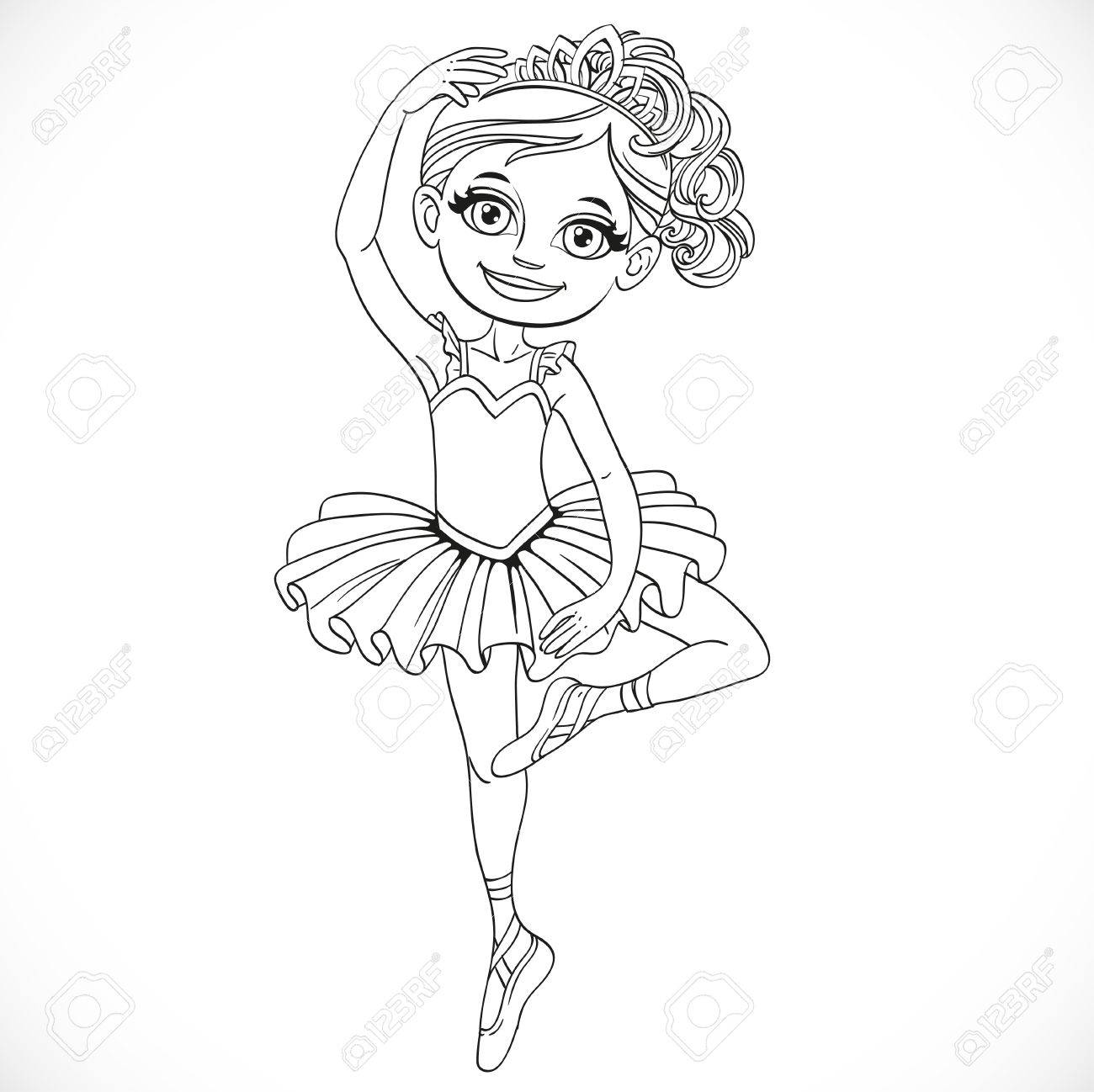 1300x1298 Ballerina Girl In Tutu And Tiara Dancing On One Leg Outlined