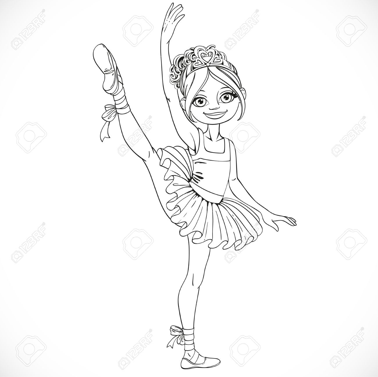 1300x1298 Ballerina Girl Dancing In Ballet Tutu On One Leg Outlined Isolated