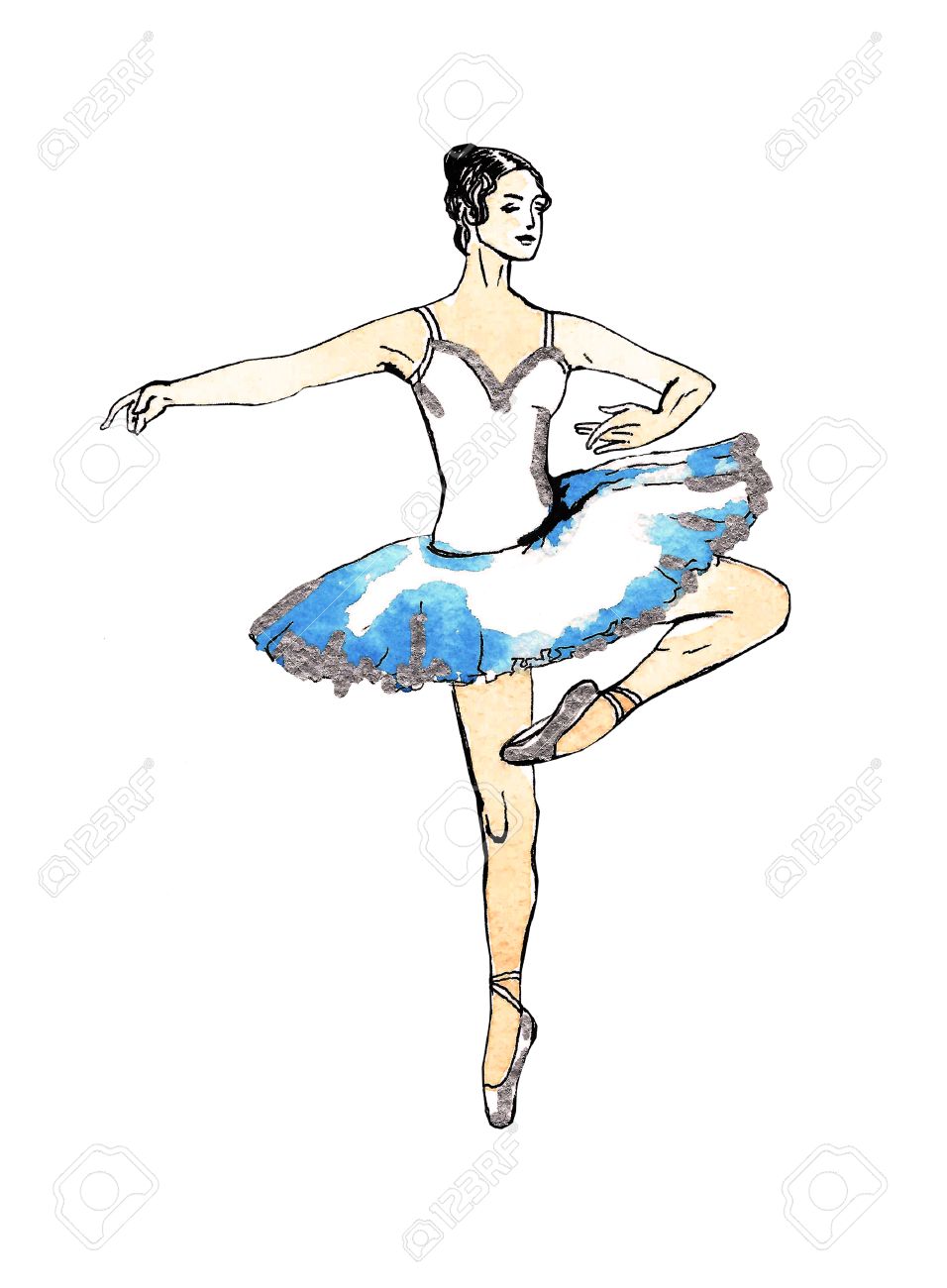 956x1300 Ballet Dancer Doing Turns, Black And Silver Drawing On A Blue