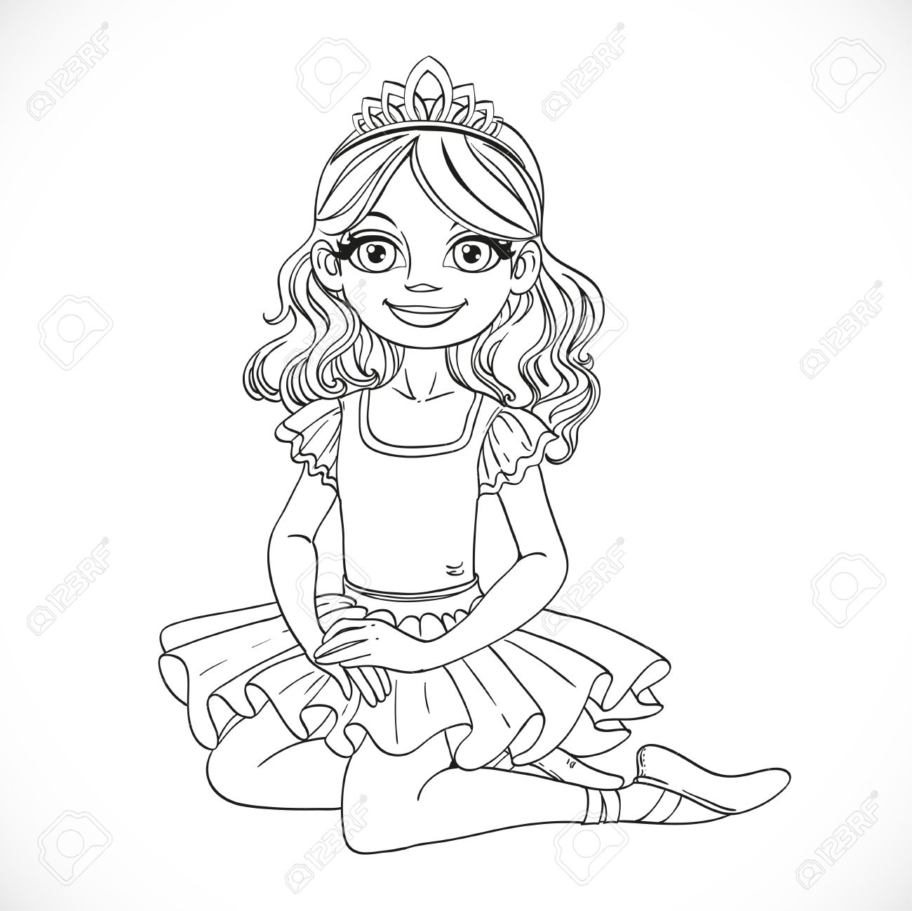 1300x1298 Ballerina Girl In Tutu And Tiara Sit Floor Outlined Isolated