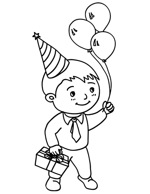 600x777 Birthday Boy Holding Three Balloons And Present Coloring Pages