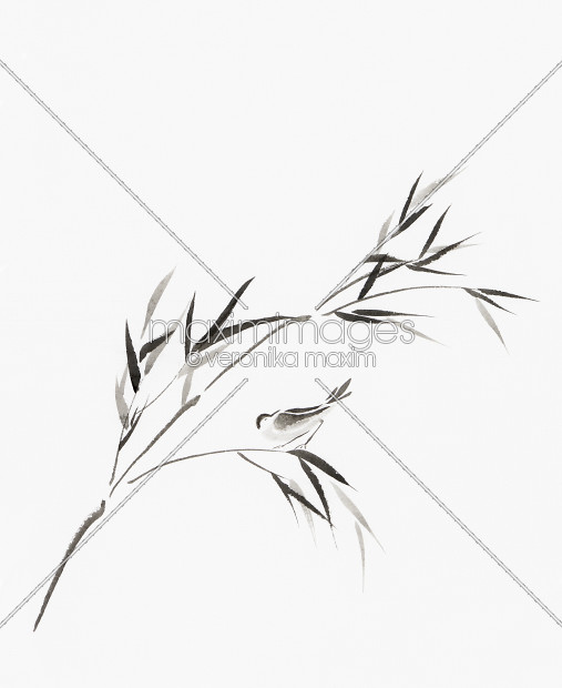 507x620 Stock Illustration Bird On A Bamboo Branch Japanese Zen Sumi E