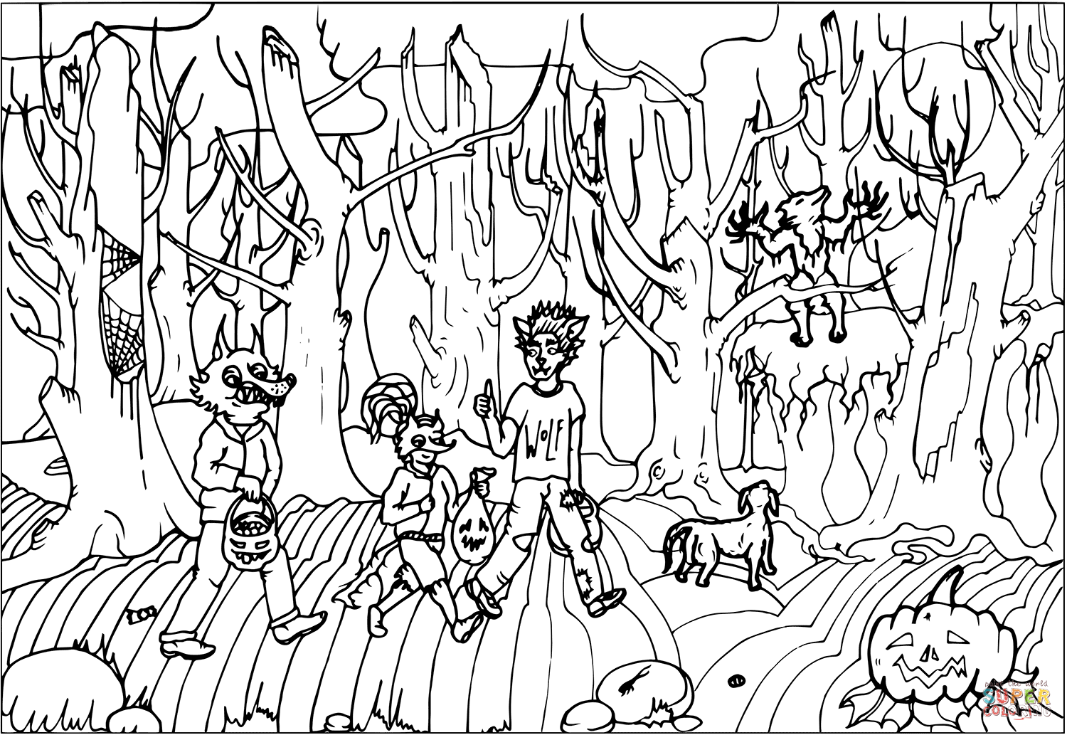 1500x1033 Halloween Wolves And Werewolf In A Spooky Forest Coloring Page