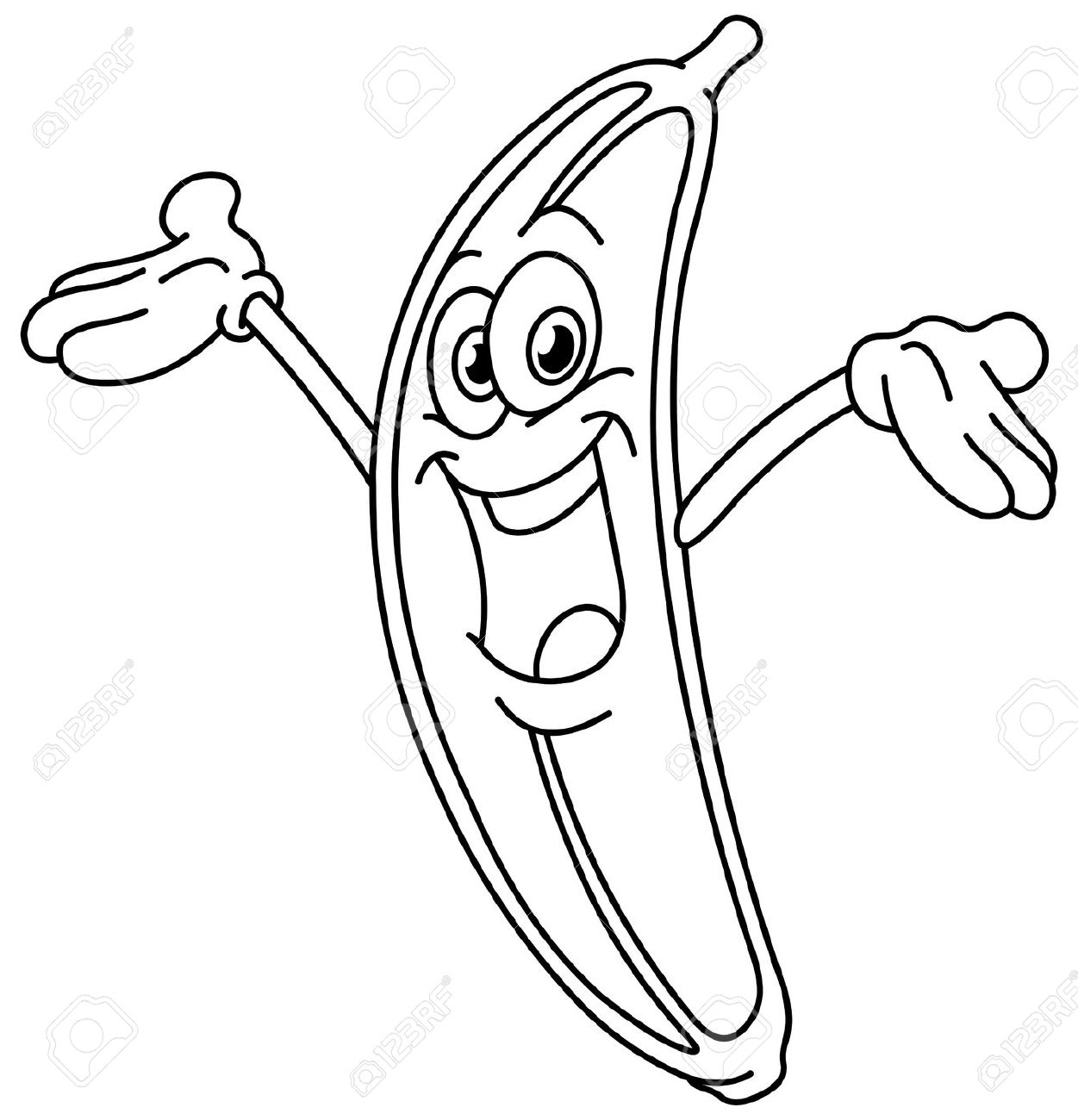 1251x1300 Cheerful Outlined Cartoon Banana Raising His Arms. Vector