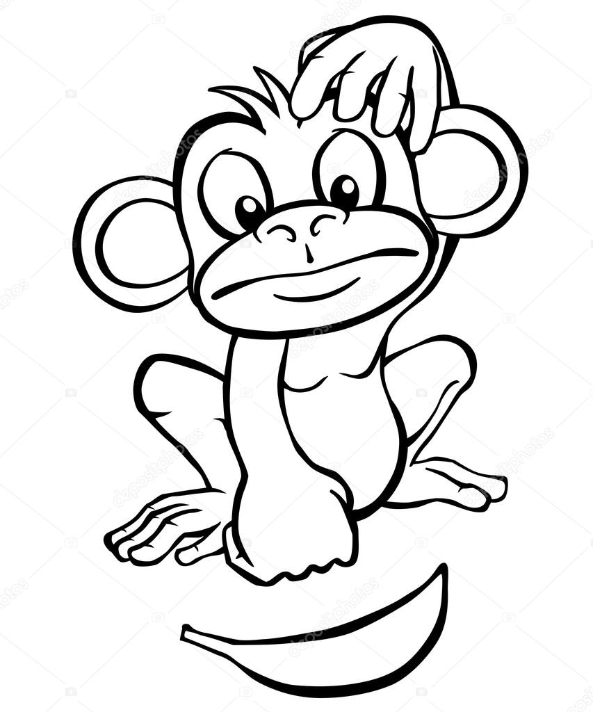 853x1024 Black And White Cartoon Monkey With Banana Stock Vector